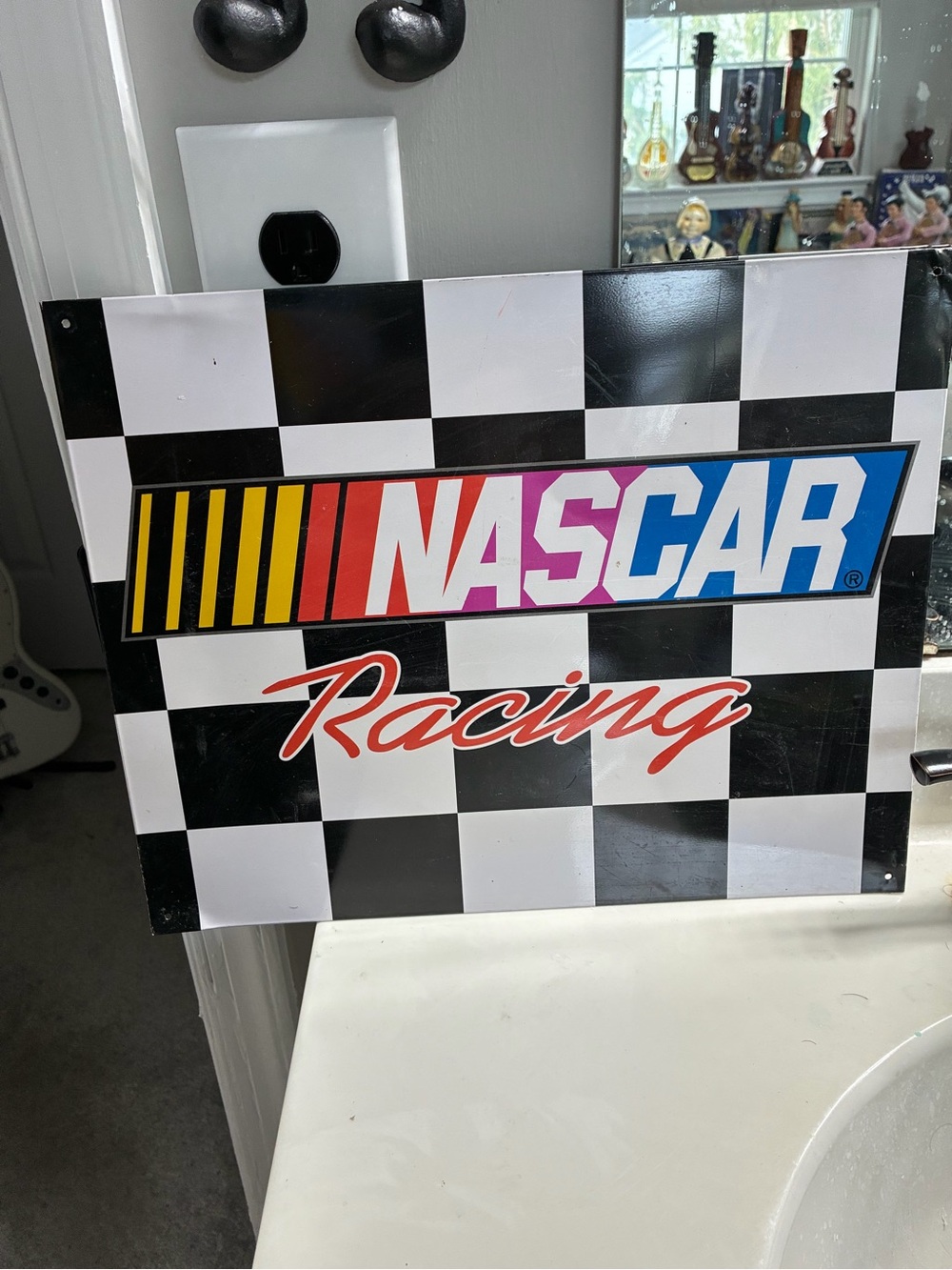 Nascar Racing Checkered Wall Plaque in Black, White, Red, Blue, Yellow